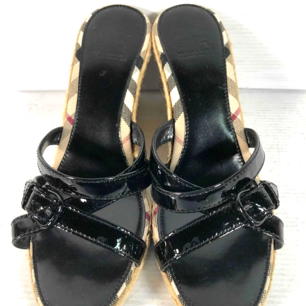 Burberry Womens Nova Check Black Leather Italy Slip On Wedge Heel Sandals Sz 39 - Picture 2 of 9